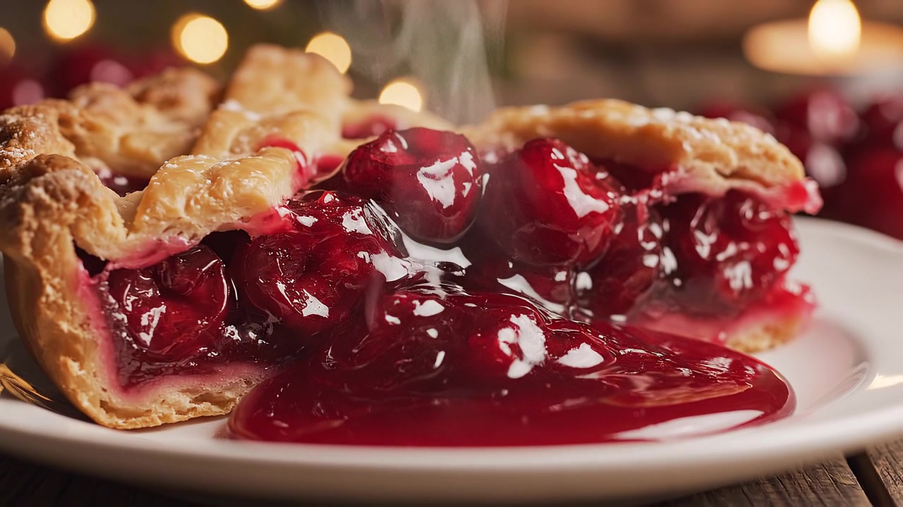 Primo piano di salsa di ciliegie rosse che cola su una torta fresca