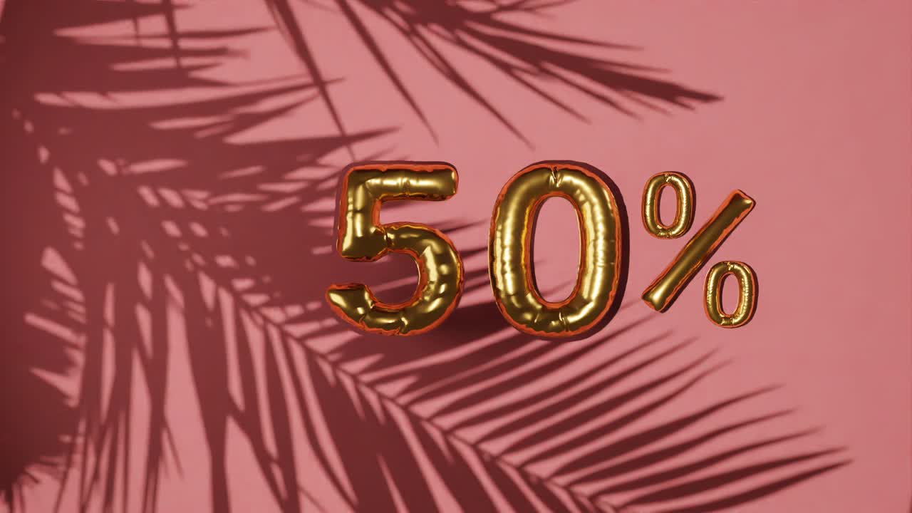 venta de 50% de descuento en fondo rojo con palma brisa suave, vacaciones de verano venta concepto de renderización de animación