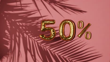 50-%-Rabatt-Auf-Rotem-Hintergrund-Mit-Sanfter-Palmenbrise,-Urlaubs-Sommerschlussverkauf-Konzept-Mit-Animation