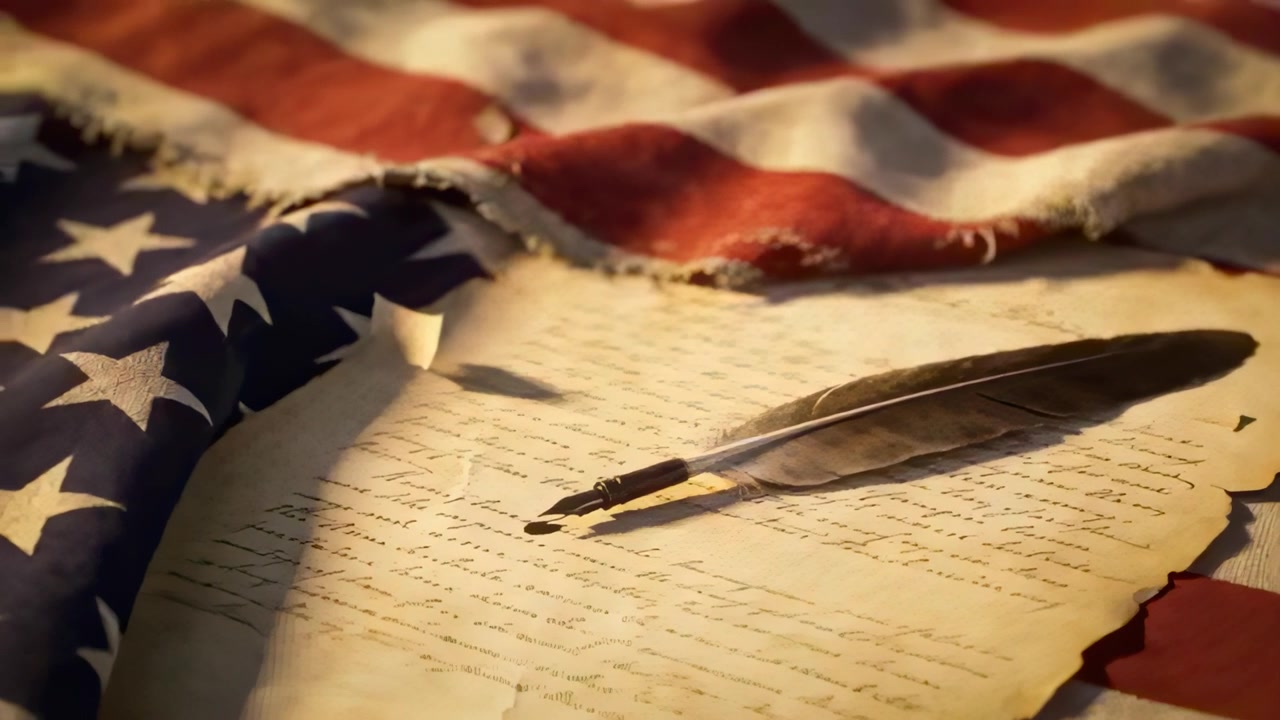 Moving camera tilting to quill nib highlighting ink droplet on parchment folded US flag on tabletop