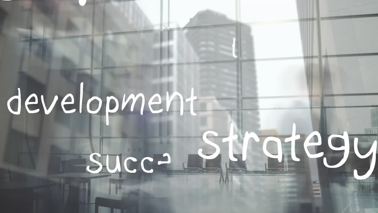 Digital composition of business concept texts floating against people walking in the office