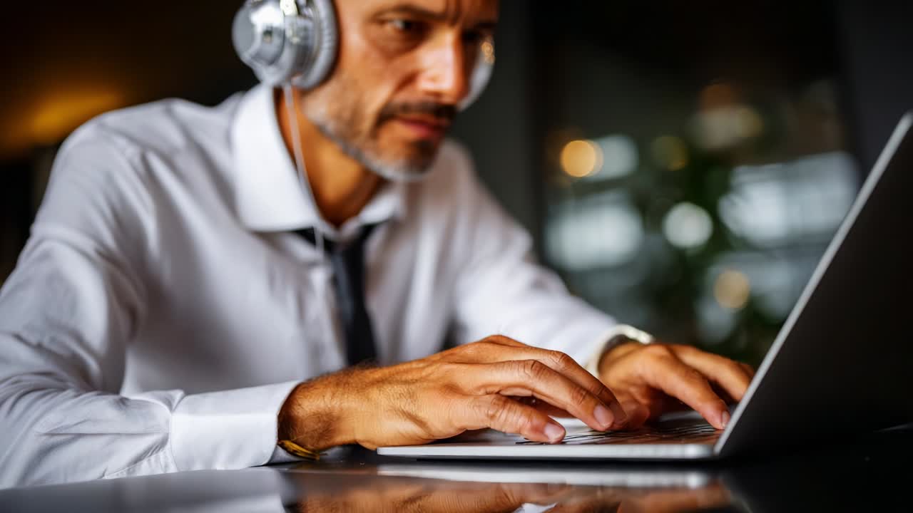 Focused Professional Engaged in Work on Laptop with Headphones, Showcasing a Blend of Concentration and Technology in a Modern Office Setting