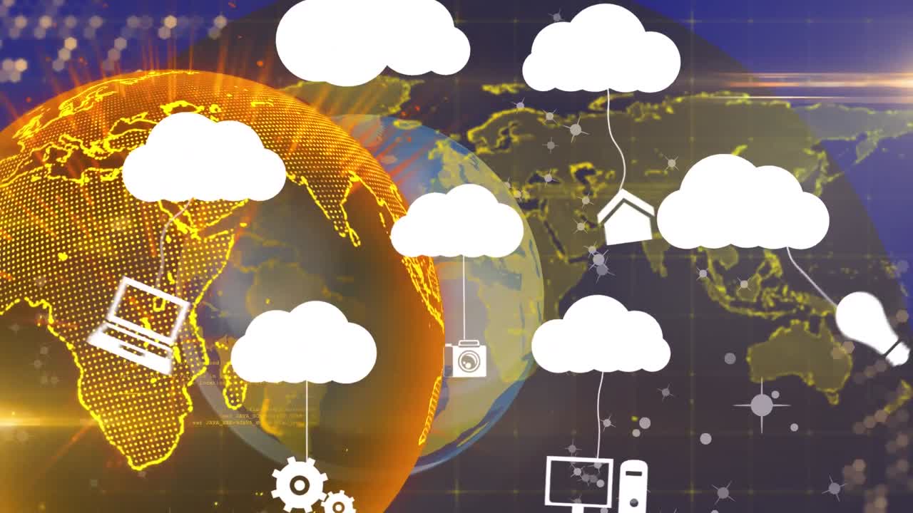 구름과 디지털 아이콘의 애니메이션이 배경으로 회전하는 지구 위에 있습니다.