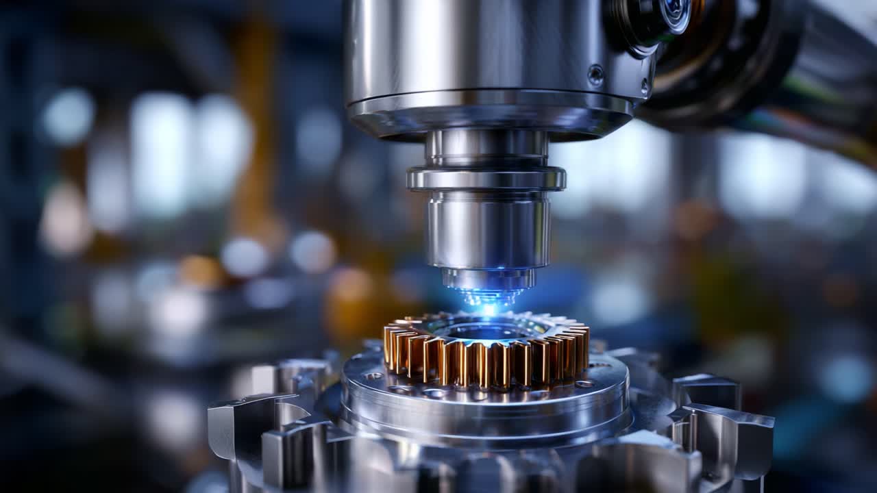 Advanced robotic arm precision tool with glowing laser targeting a metallic gear in a high-tech manufacturing environment, showcasing automation and engineering innovation