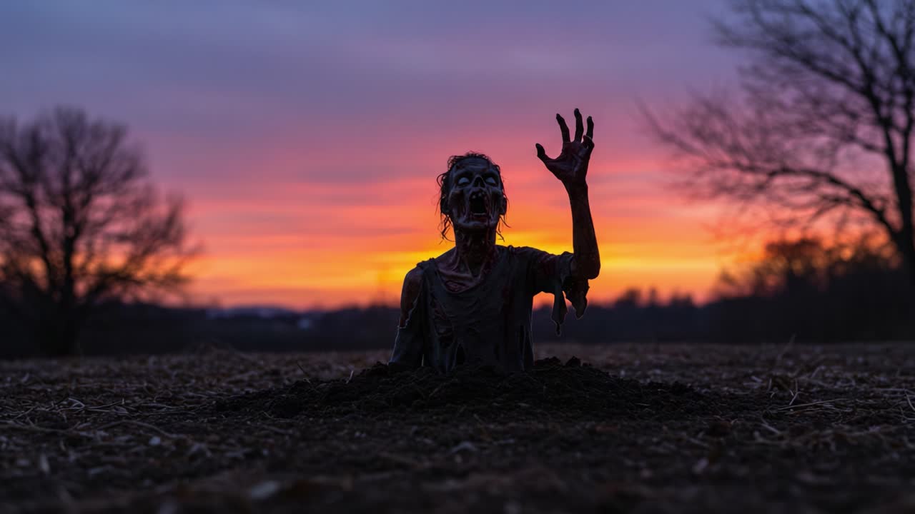 A Terrifying Zombie Emerges from the Ground at Dusk, Captured with Striking Colors Against a Sunset Background, Evoking a Haunting Atmosphere of Horror and Supernatural Elements