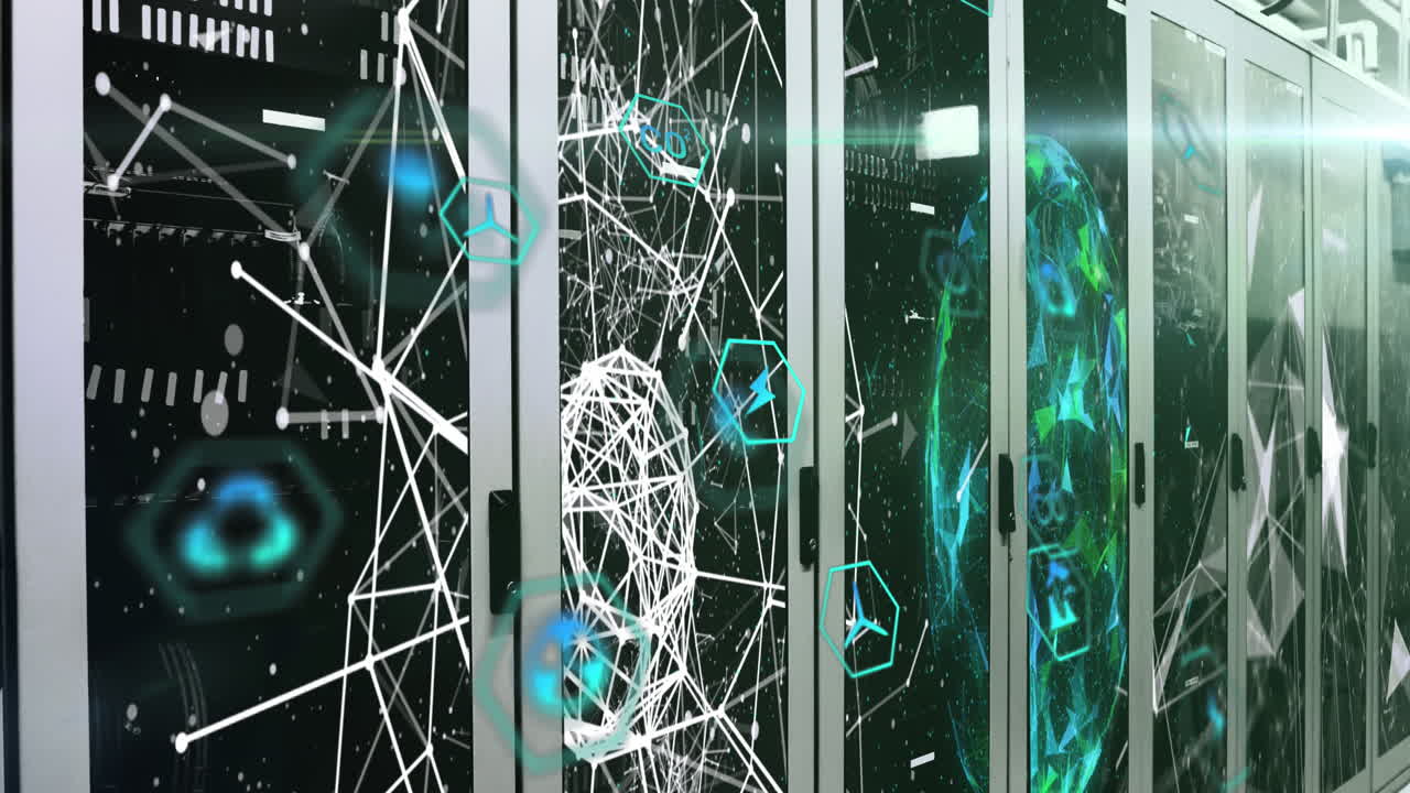 Animation of multiple icons, connected dots and globe over data server systems