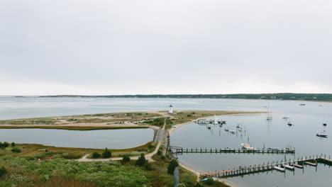 Aerial-drone-approaching-Edgartown-Lighthouse-Martha's-Vineyard-over-path