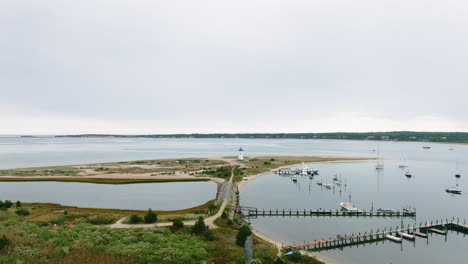 aerial drone approaching edgartown lighthouse martha's vineyard over path