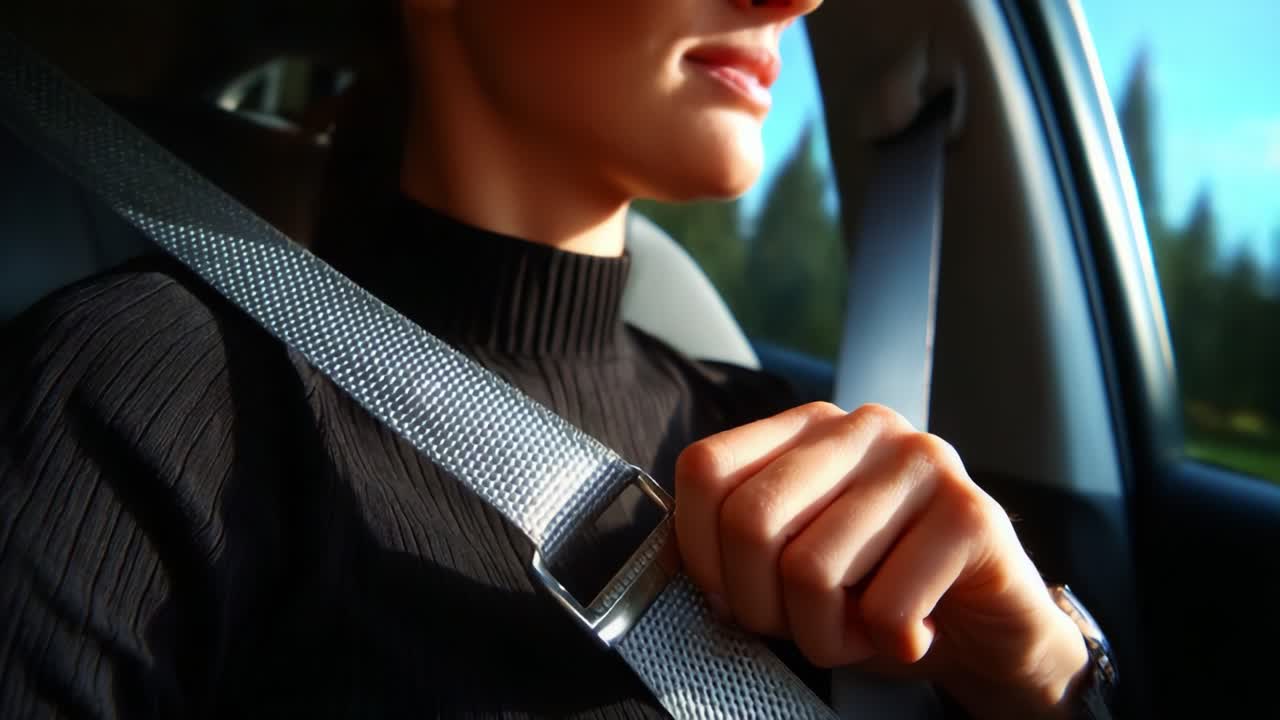 A Close-Up View of a Woman Fastening Her Seatbelt in a Car, Highlighting Safety and Compliance While Traveling, Emphasizing the Importance of Wearing Seatbelts for Every Journey