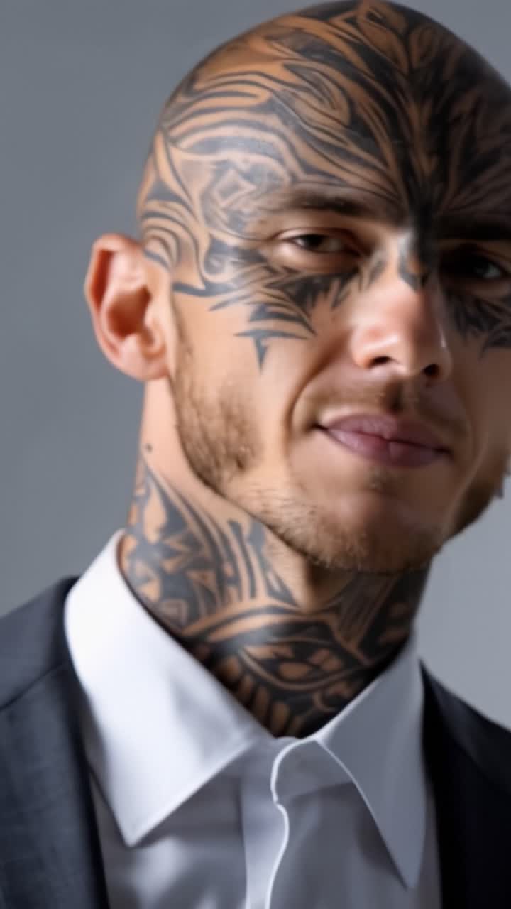 Un hombre tatuado mira con calma, con la cabeza afeitada y ojos penetrantes. Un traje elegante contrasta con sus intrincados tatuajes por todo el cuerpo. Líneas oscuras forman feroces patrones tribales en su cara y cuello. Viste camisa blanca y chaqueta oscura.