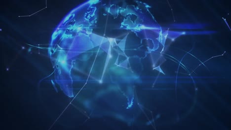 animación del procesamiento de datos a través de redes de conexiones y globo sobre fondo oscuro