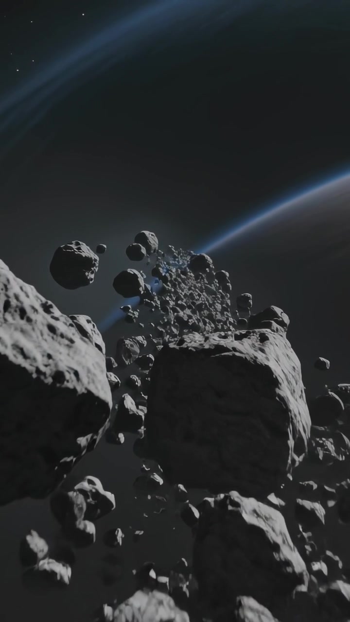 Video verticale: Telecamera che si lancia sfrecciando attraverso una fascia di asteroidi vicino a un pianeta anellato, scansionando il percorso.