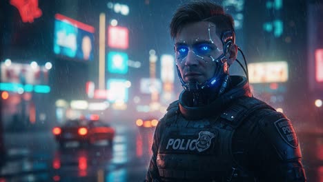 A futuristic police officer stands in a neon-lit urban environment, showcasing advanced cybernetic enhancements and a vigilant expression, amid a rainy night scene