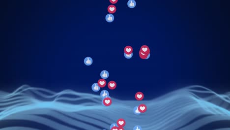 Animation-of-social-media-love-and-like-icons-over-blue-waves