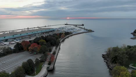 morning aerial view of a lake ontario harbor in mississauga