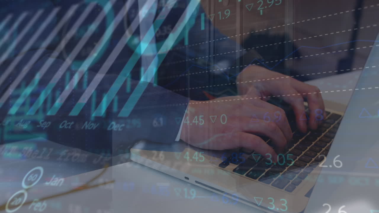 Animation of digital data processing over woman using laptop