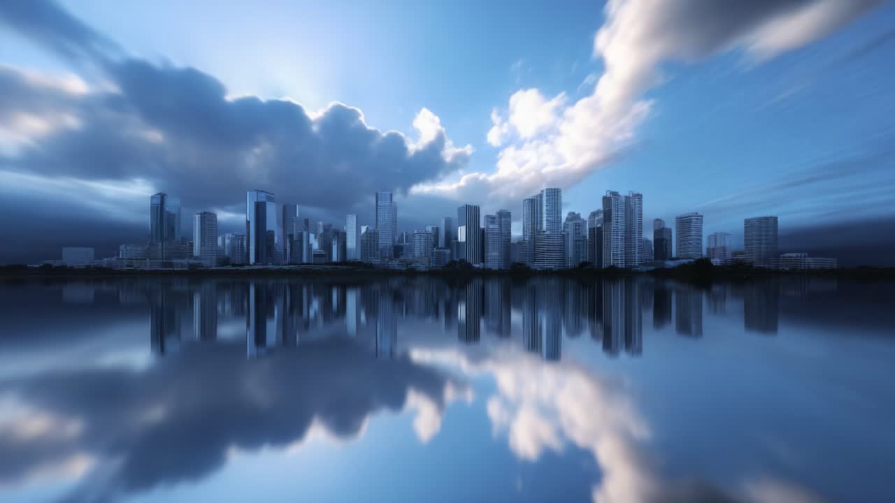 Stunning Urban Skyline Reflected on Water with Dramatic Clouds and Radiant Sunlight Enhancing the Beautiful Cityscape in a Tranquil Setting