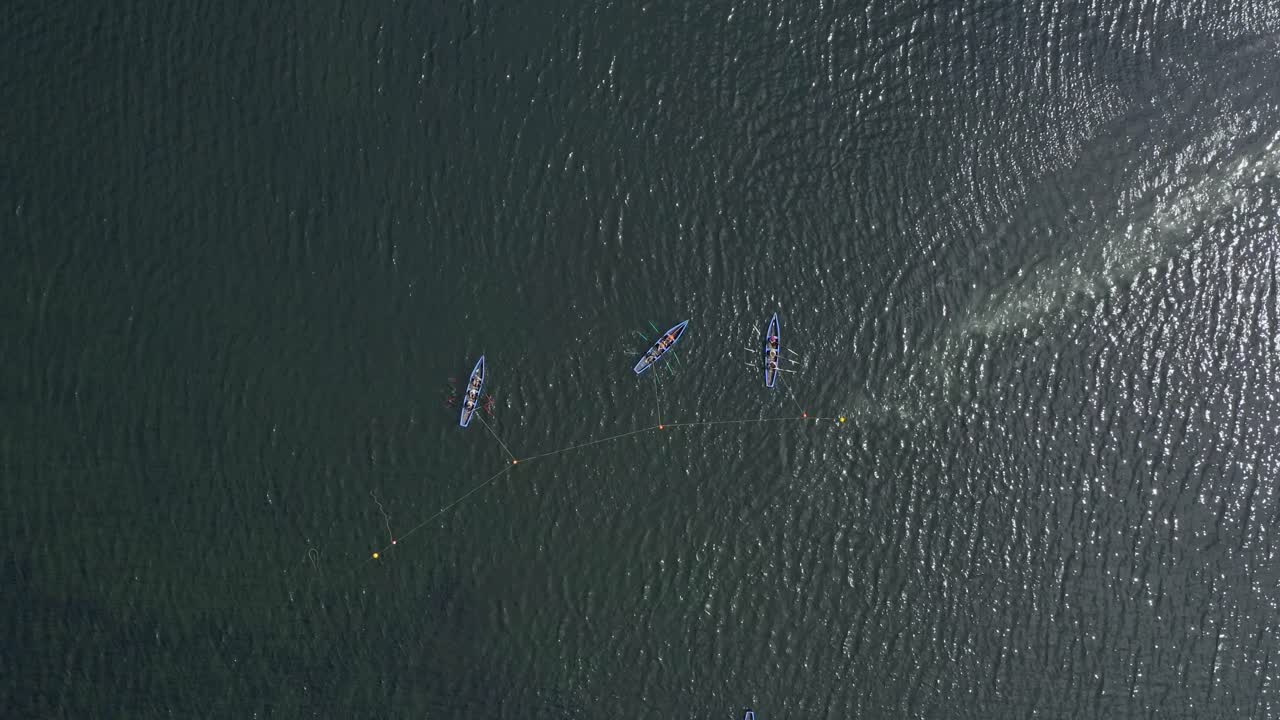 Top down bird's eye view perspective of currach irish canoe boats tethered to buoy in midday