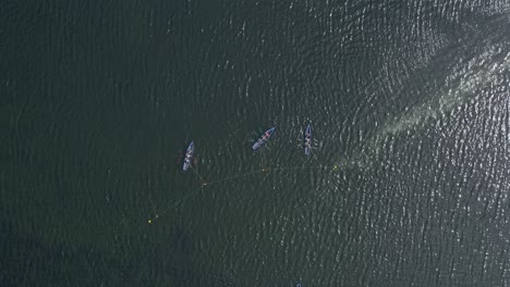 Top-down-bird's-eye-view-perspective-of-currach-irish-canoe-boats-tethered-to-buoy-in-midday