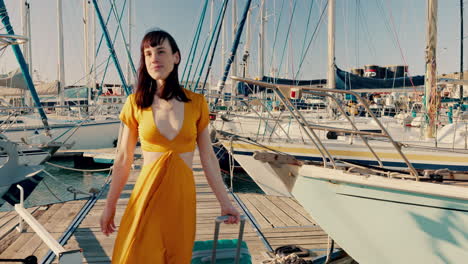 harbour, woman and walking with vacation