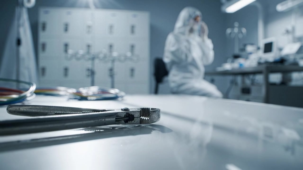 Strumenti chirurgici isolati su un tavolo con un professionista medico in equipaggiamento protettivo concentrato sui compiti in un ambiente clinico pulito e ben illuminato