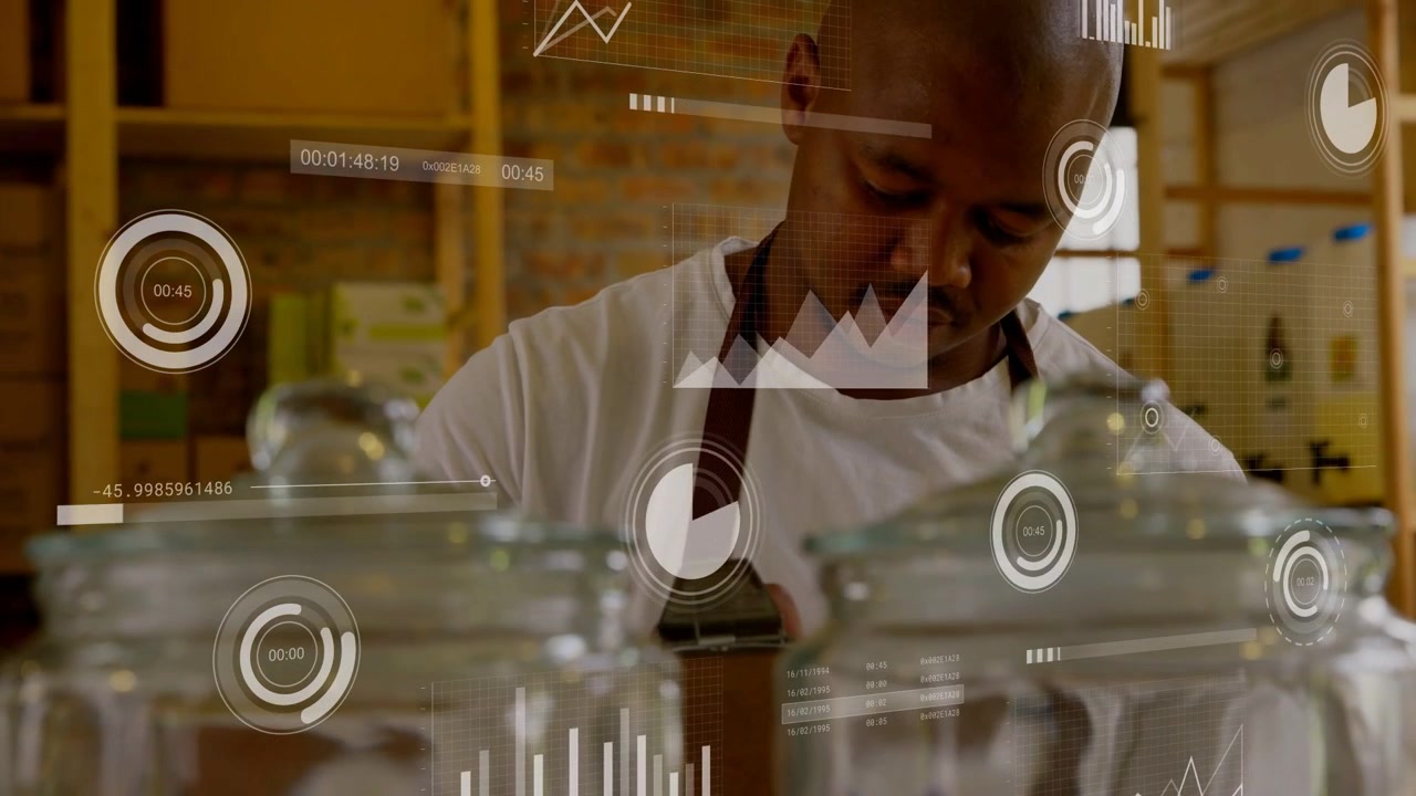 Camera moving forward, shop attendant inspecting jars, packing box as HUD overlay tracking stock