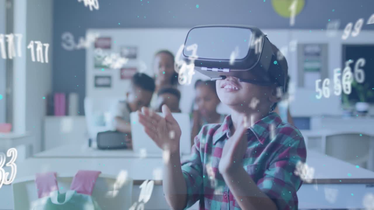 Animation of data processing over happy biracial schoolboy using vr headset class