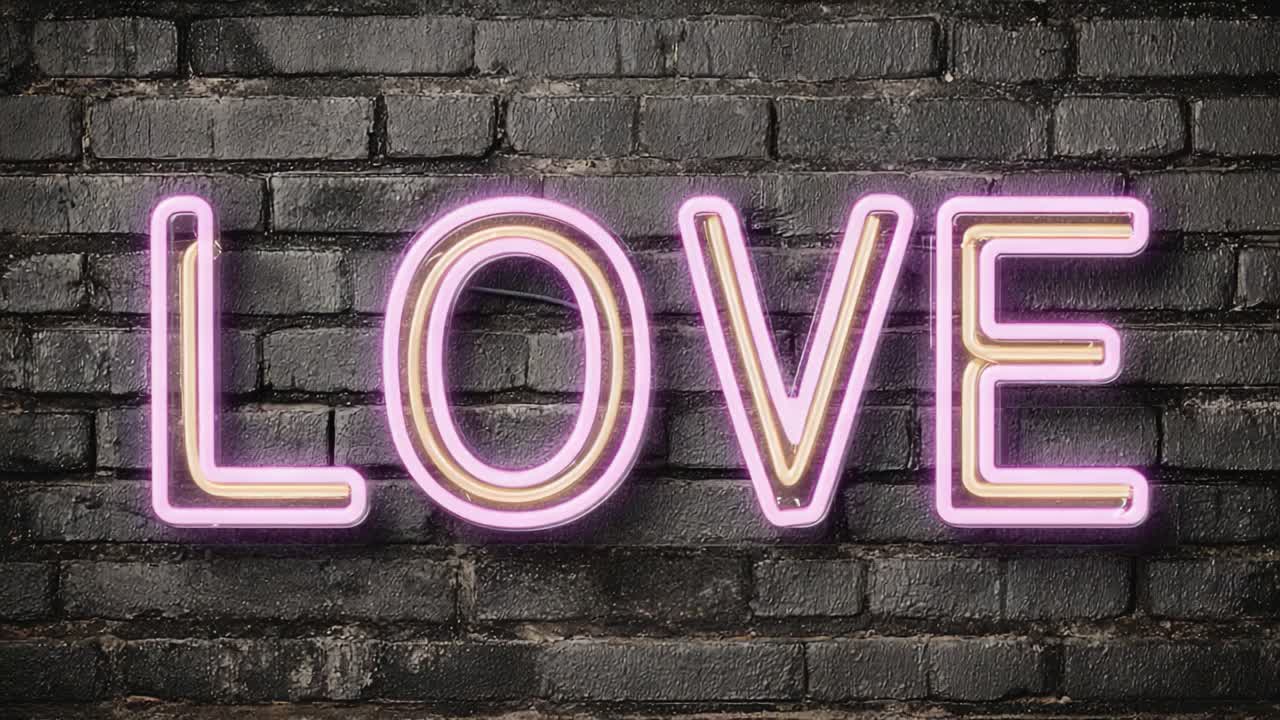 Brightly Illuminated Neon Sign Spelling Out the Word 'LOVE' Against a Textured Brick Wall Background, Evoking Romantic and Nostalgic Feelings