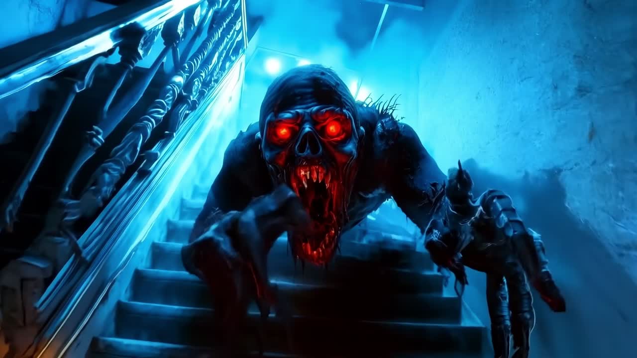 un zombie de aspecto espeluznante caminando por una escalera en una habitación oscura