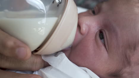 close up retrato de bebé recién nacido bebiendo leche de botella