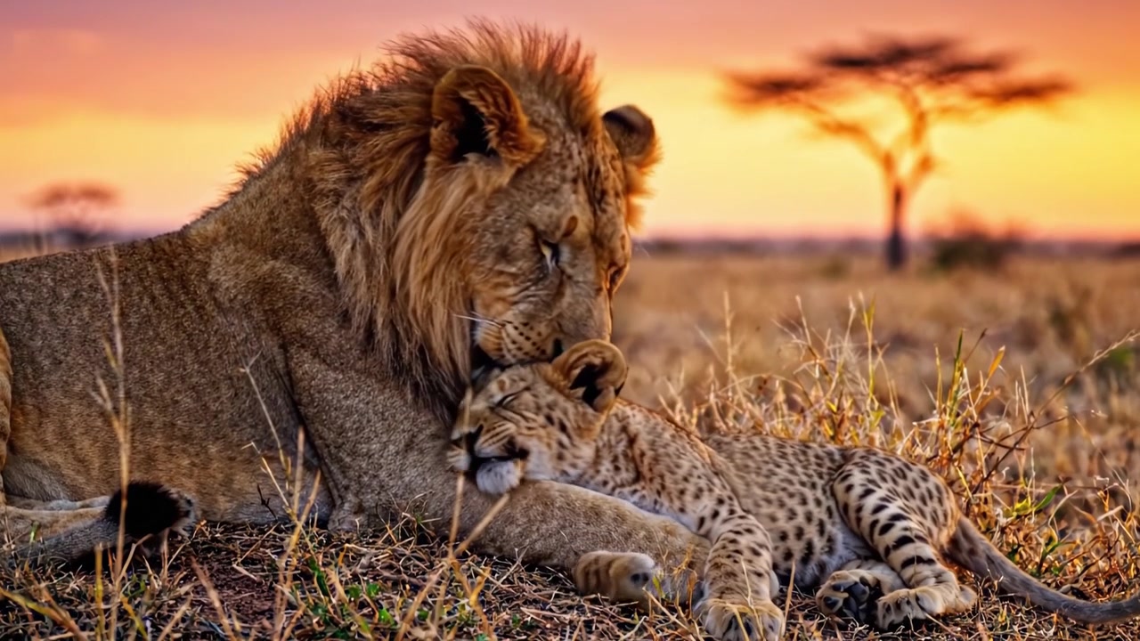 Un leone maestoso e il suo cucciolo giocoso: Immortalando l'essenza del legame nella natura selvaggia africana al tramonto.