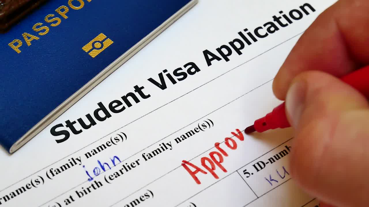 Schváleno perem v zaškrtávacím políčku v prázdném formuláři žádosti o studentské vízum