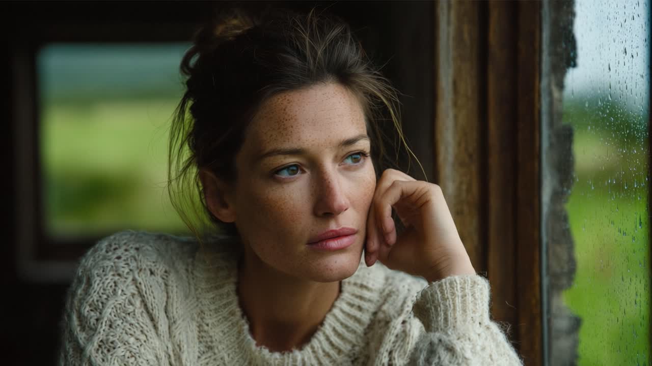 A Thoughtful Moment: A Contemplative Individual Gazes Out a Rain-Splattered Window, Lost in Reflection and Inspired by Nature's Beauty and Serenity