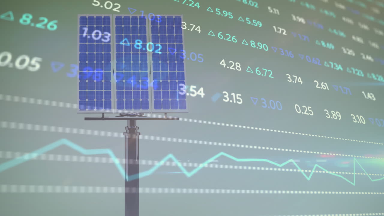 Solar panel displaying floating numeric data and trend arrows in scene, using 3D render style