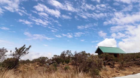 toma de lapso de tiempo de una cabaña, plantas y naturaleza, nubes moviéndose en un cielo azul, en el monte kilimanjaro, en un día soleado, en tanzania, áfrica