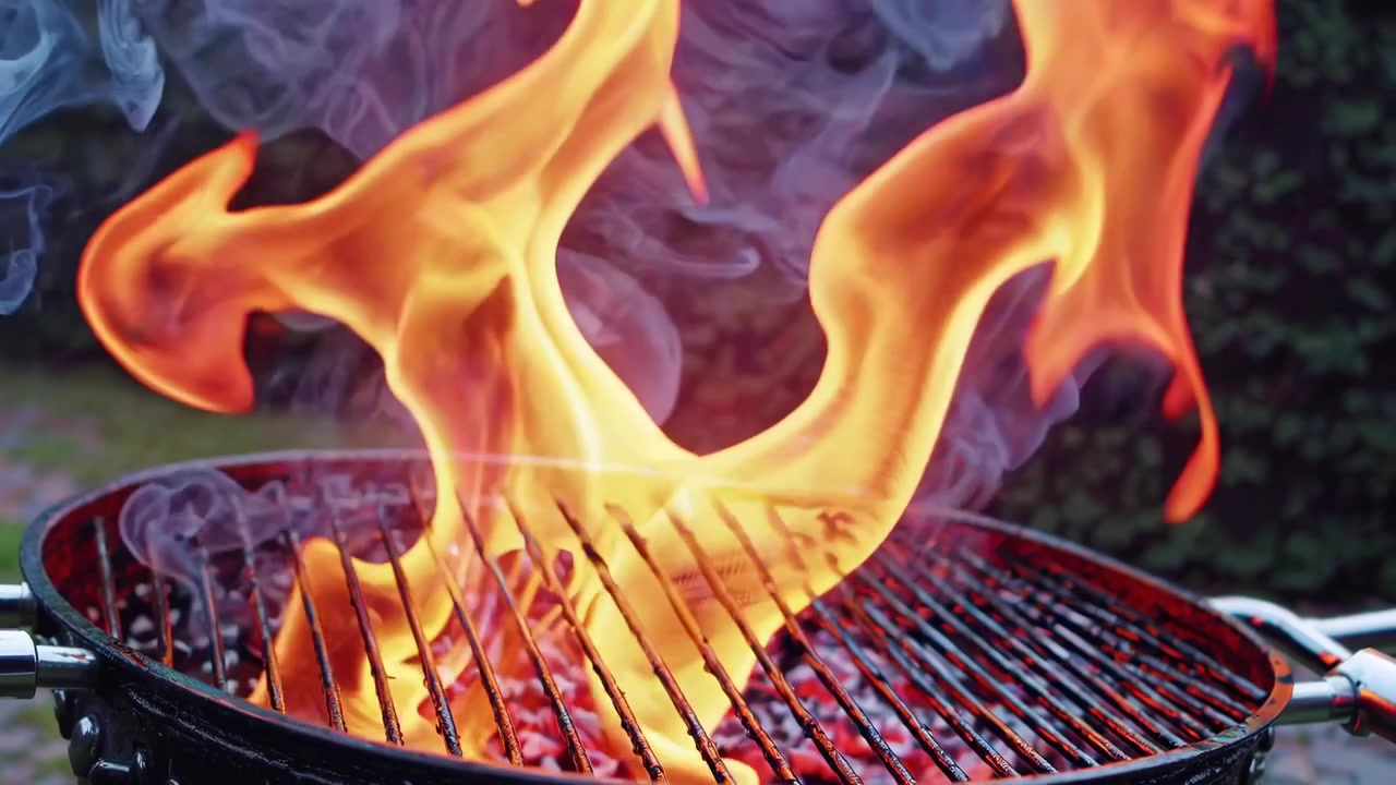 Fiamme vivaci e fumo che si alzano da una griglia a carbone