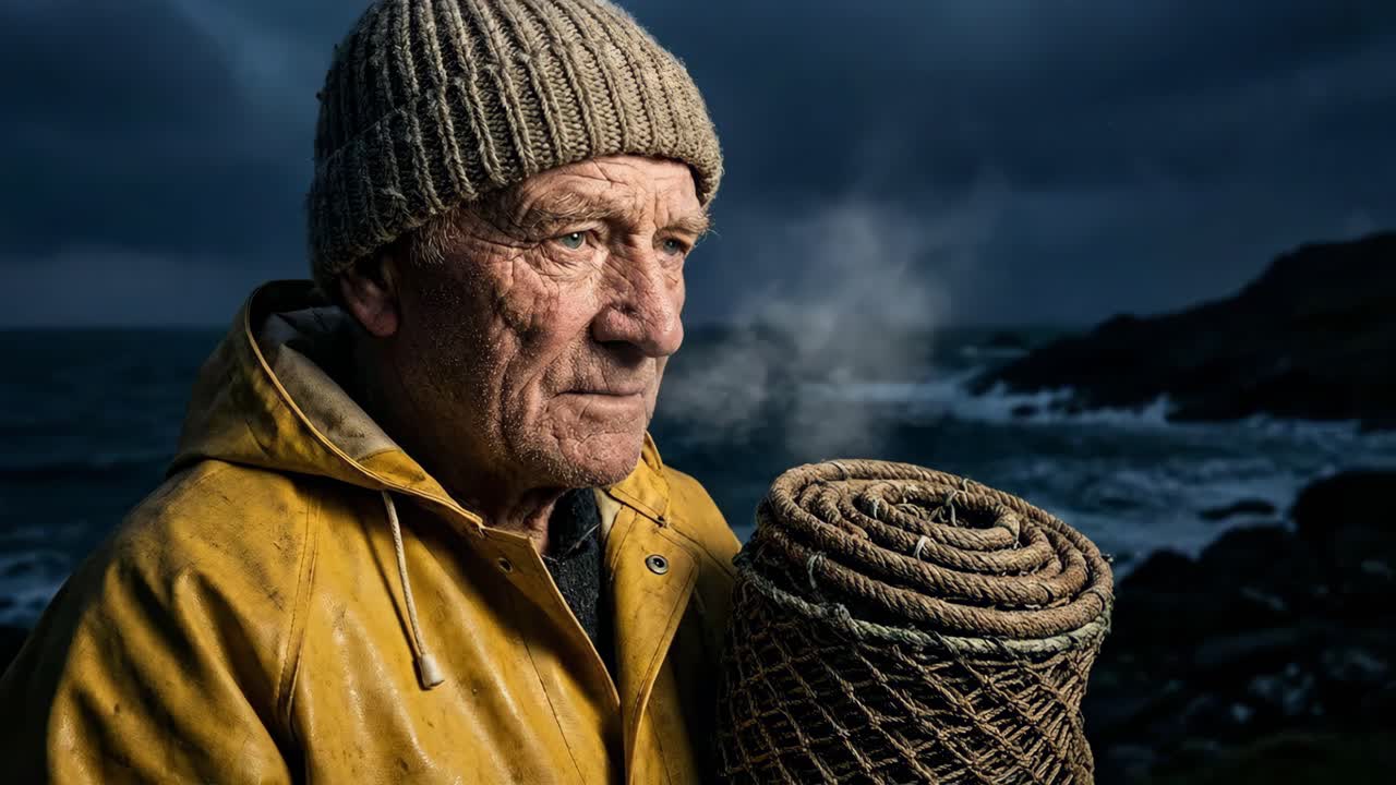Ritratto di un vecchio pescatore con una rete da pesca