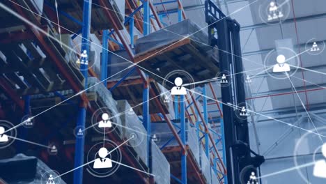 Animation-of-network-of-profile-icons-against-forklift-operating-at-warehouse