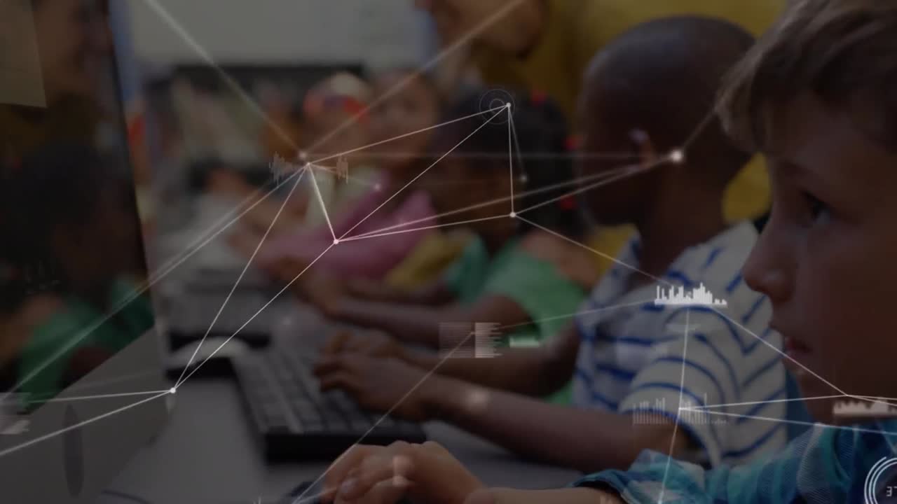 Animation of networks of connections over diverse schoolchildren and teacher in classroom