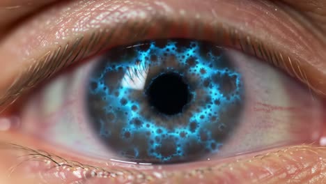 a mesmerizing close-up of a human eye featuring a vibrant, electric blue design within the iris, showcasing a unique and captivating visual effect