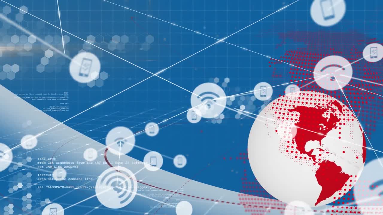 세계 지도를 가로지르는 연결 네트워크의 애니메이션