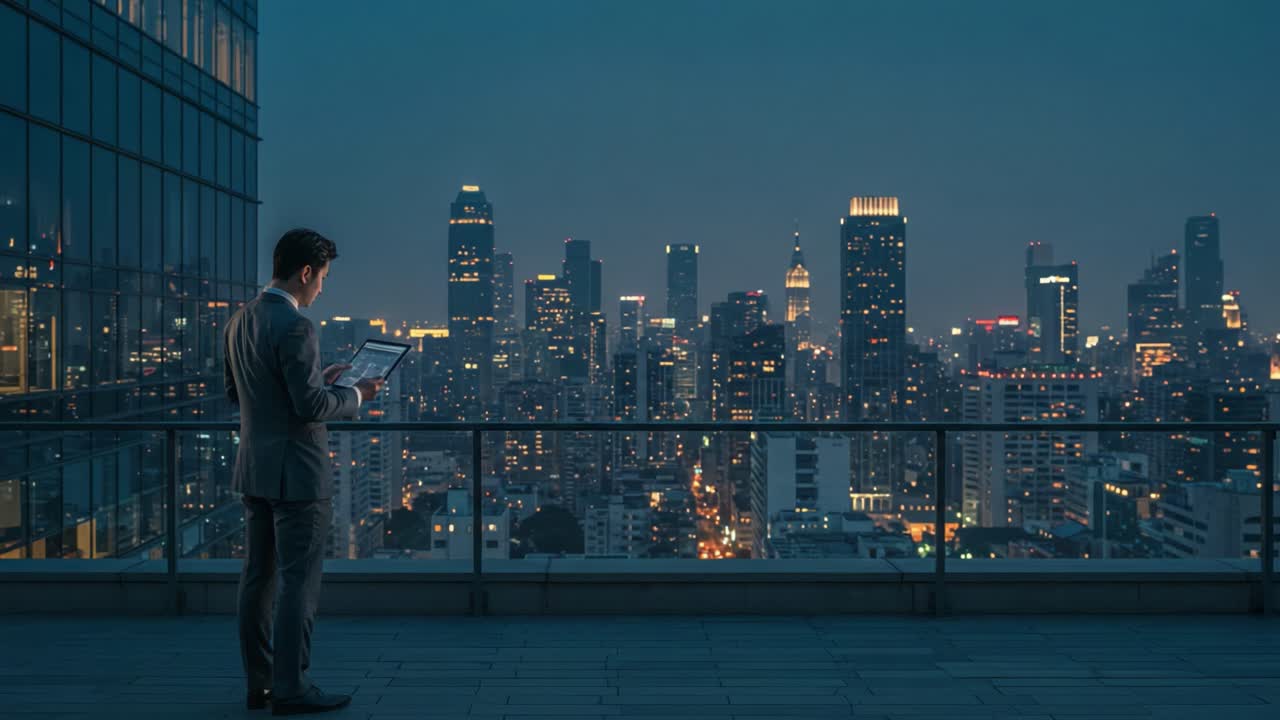 A Professional in a Suit Standing on a Rooftop Balcony, Engrossed in Digital Work While Overlooking a Sparkling Cityscape at Night