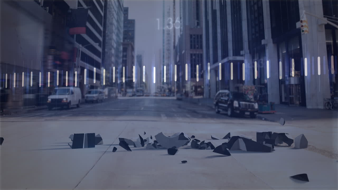 Animation of financial data processing and dollar sign over cityscape