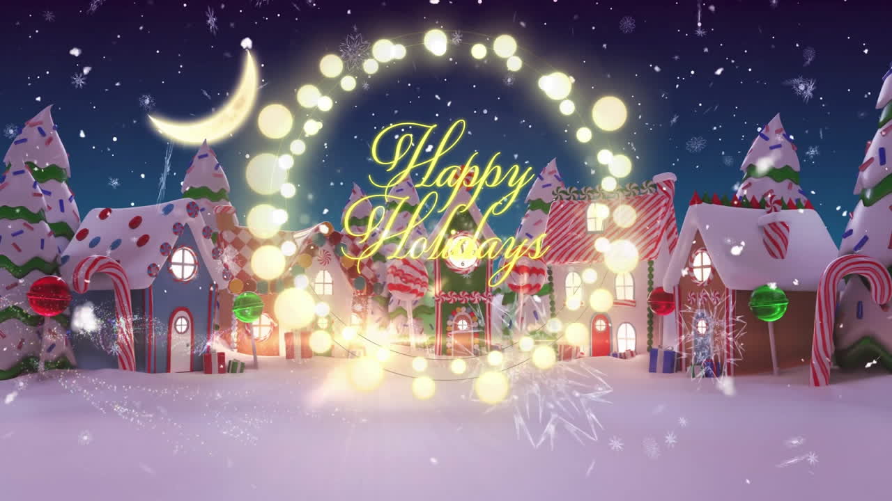 Glowing animation of Happy Holidays text over festive village with snow and candy