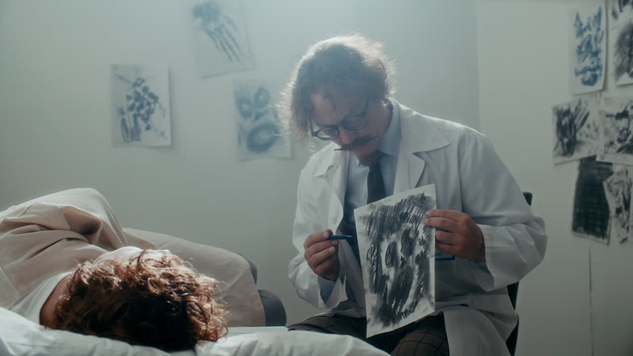Psychiatrist Discussing Drawing with Patient in Mental Hospital Ward