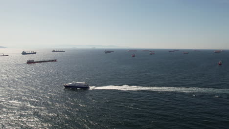 aerial view of ferry boat and cargo ships in sea of marmara, just out of bosphorus strait, istanbul, turkey