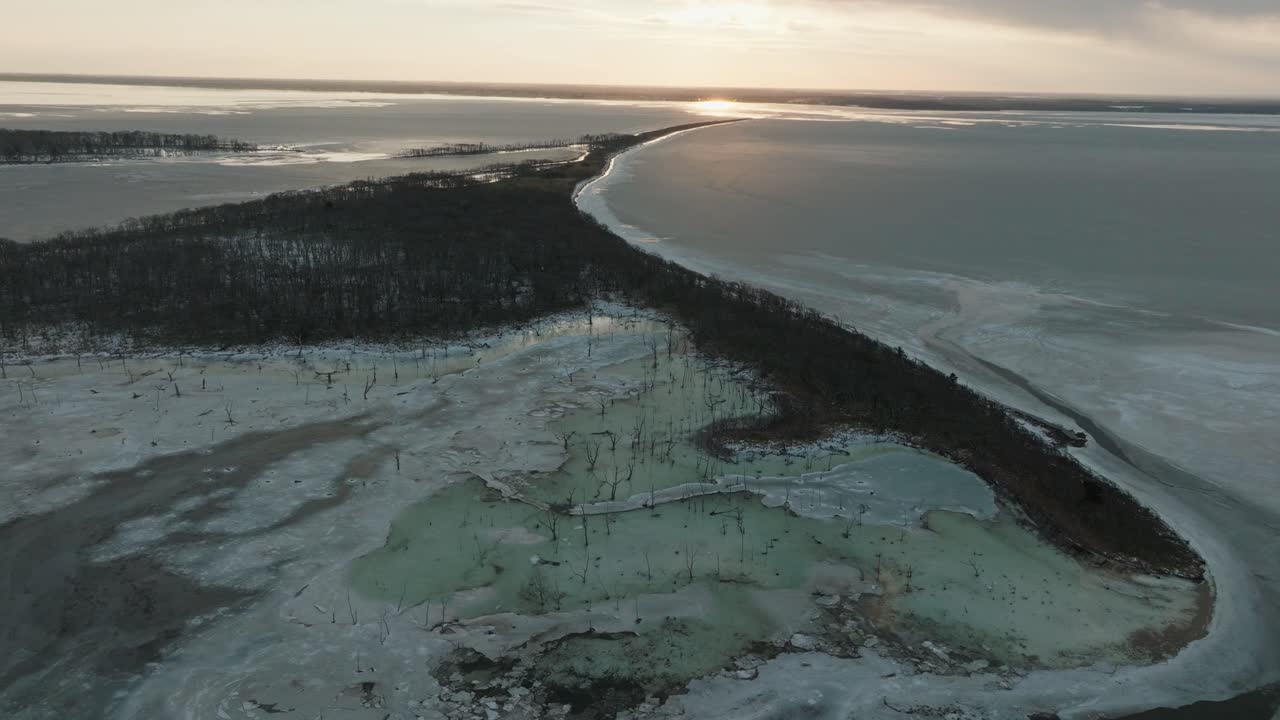 Winter Landscape Of Freezing Wetlands At Notsuke Peninsula In Hokkaido, Japan. Aerial Drone Shot