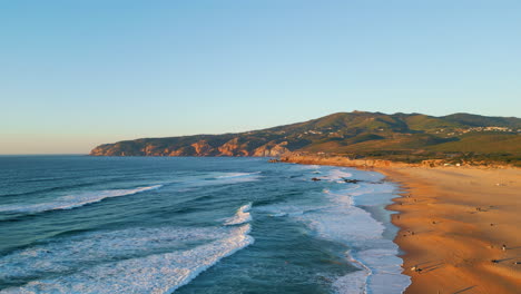 panoramic marine landscape summer sunset. aerial view foamy ocean waves rolling