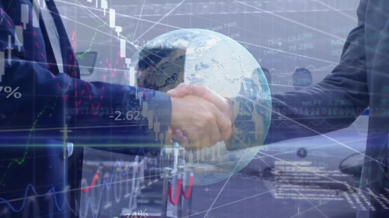 animación del globo y gráficos sobre diversos empresarios que se dan la mano