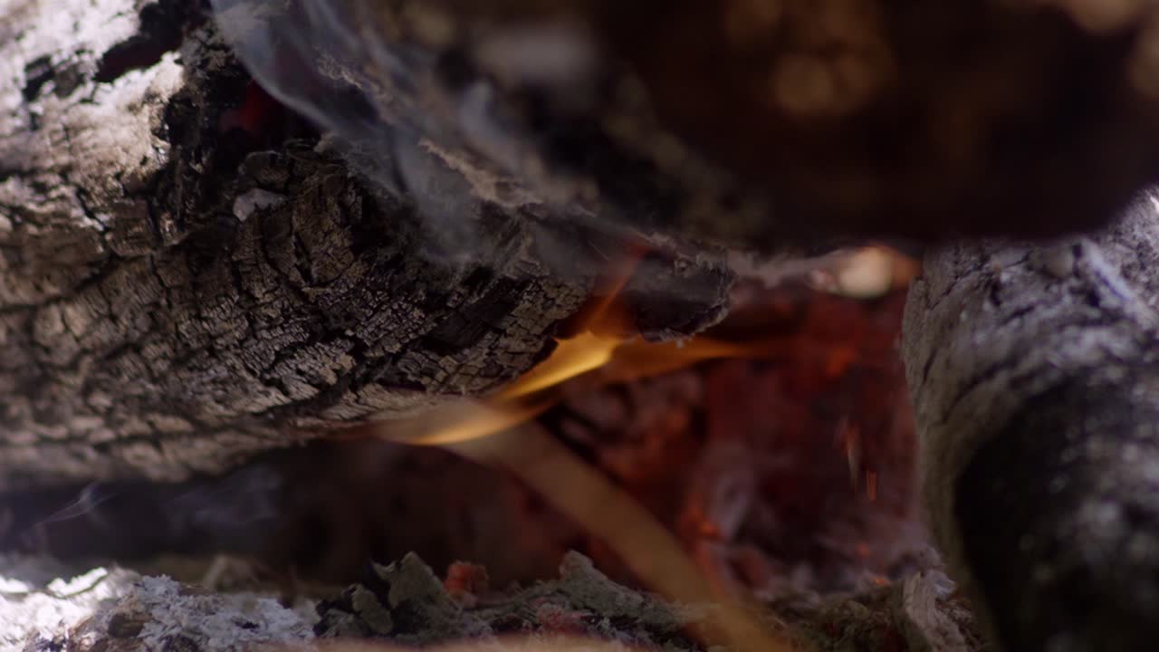 Hot red glowing coal from tree trunk fire, white ash smoking slow mo